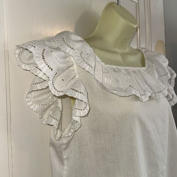 Vintage 60s/70s Judy Bond White Ruffled At Neck & Sleeves Eyelet Lace Blouse - Picture 5 of 8